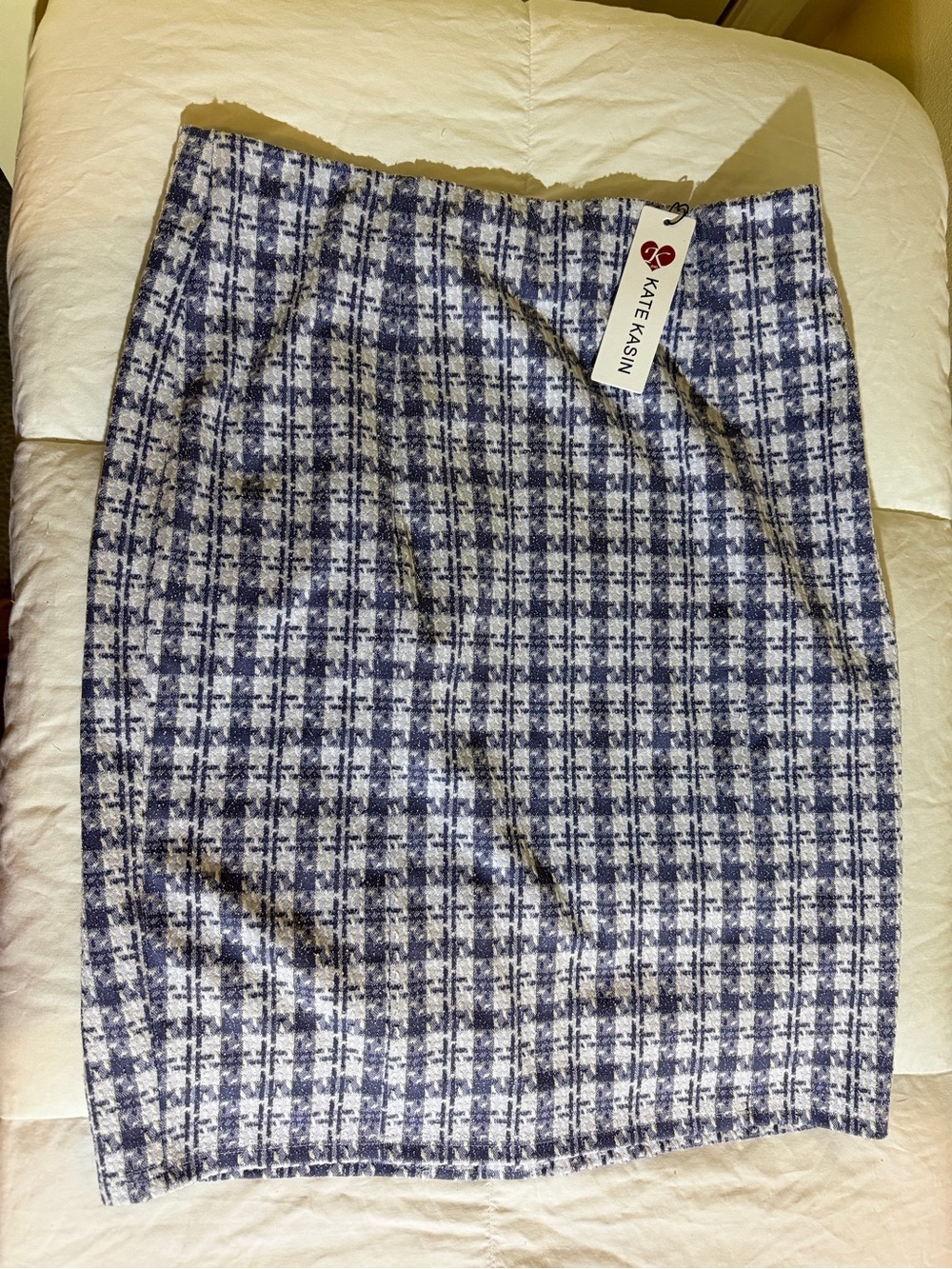 Kate Kasin XL Navy and White Plaid Pencil Skirt